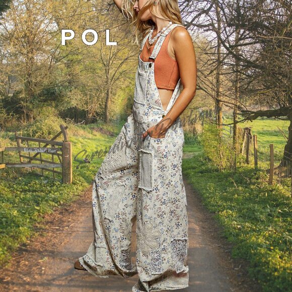 POL Floral Denim Boho Crochet Patchwork Flare Leg Suspenders Strap Jean Overalls - Picture 1 of 12